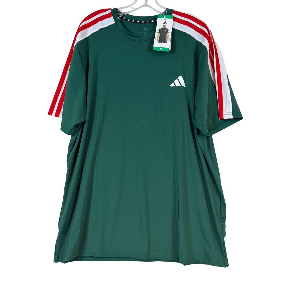 Adidas Mens Active 3S Tee Dark Green Red White Stripe Performance Shirt XL NEW